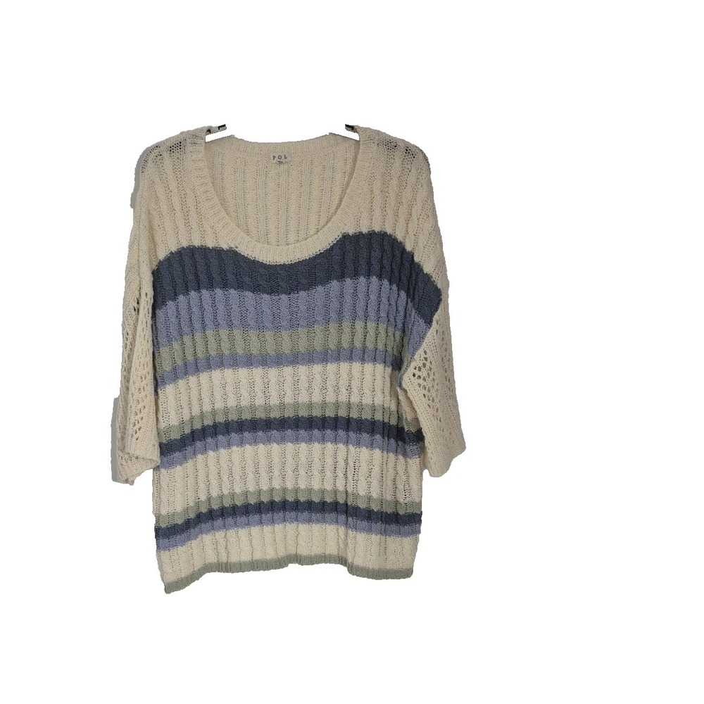 POL Sweater Womens M Cream Striped Oversized Open Cable Knit Pullover 3/4 Sleeve